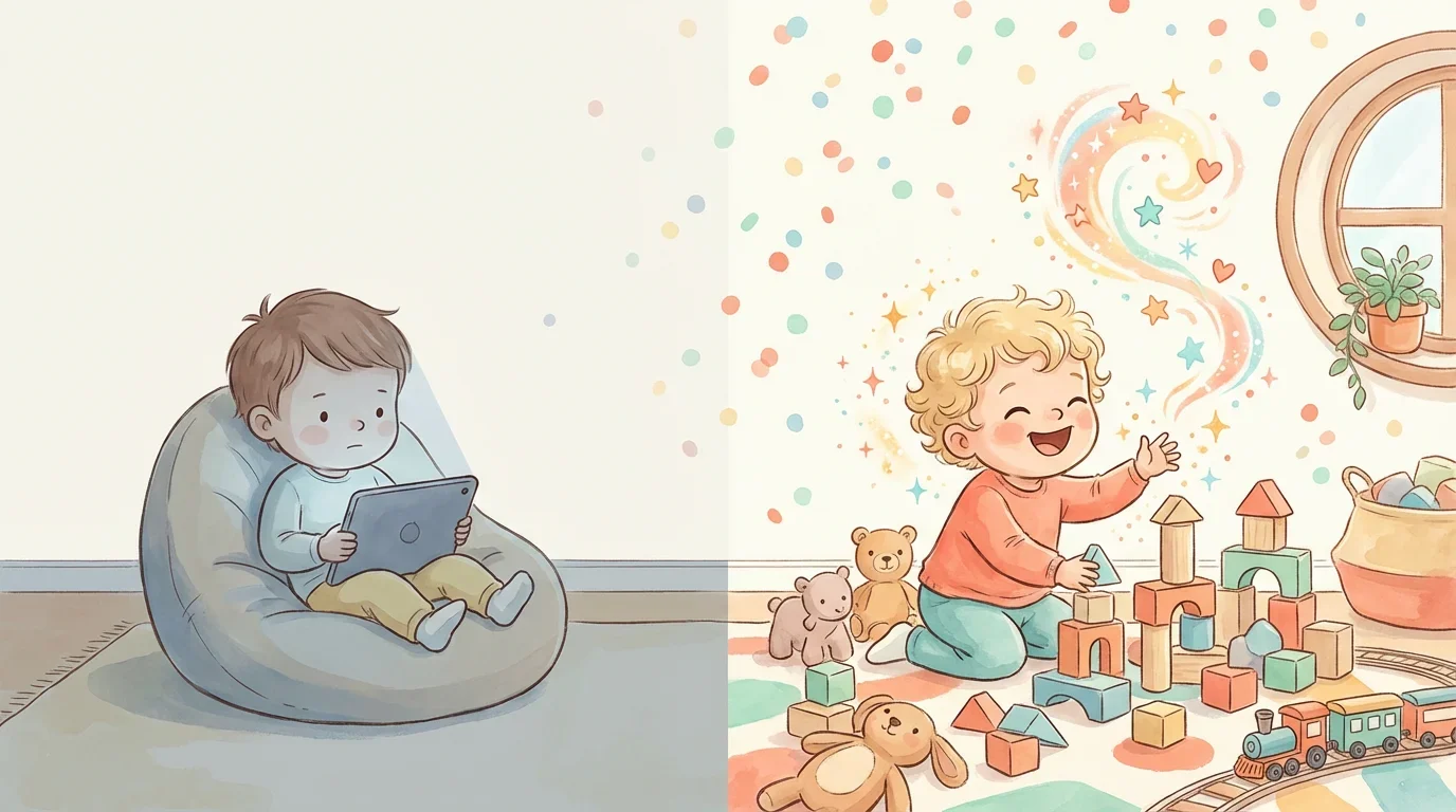 Side-by-side comparison of screen effects vs play benefits on child development