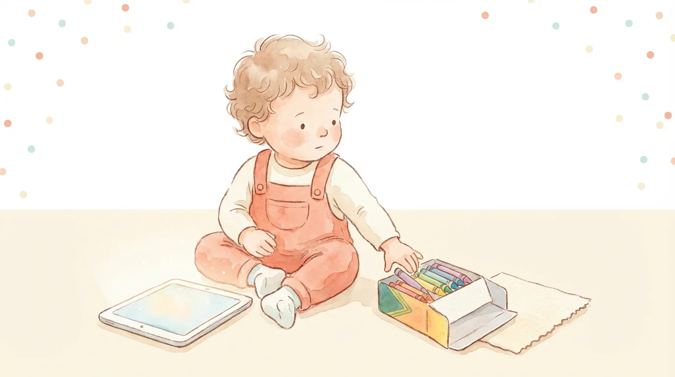 Toddler choosing between a tablet and colorful crayons