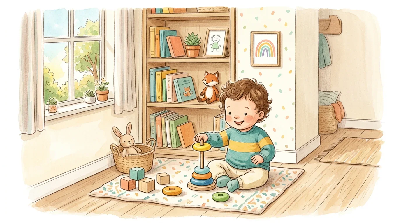 Toddler playing with stacking rings in a cozy small room
