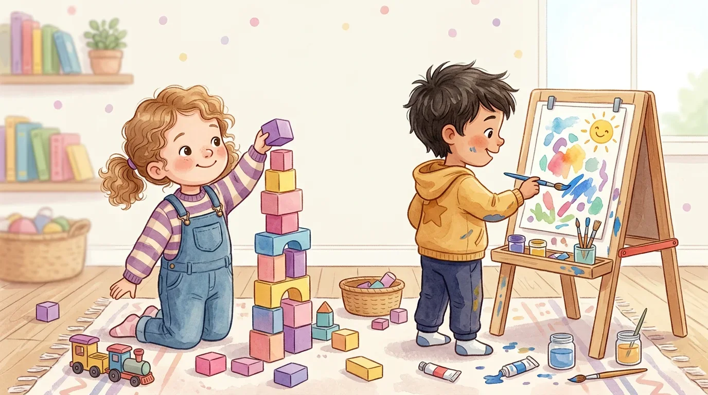 Preschoolers building blocks and painting at an easel