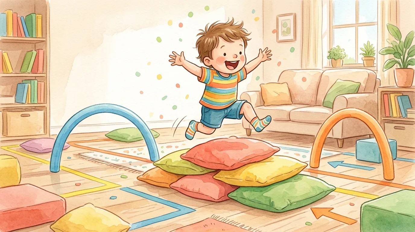 Toddler climbing and jumping in active play