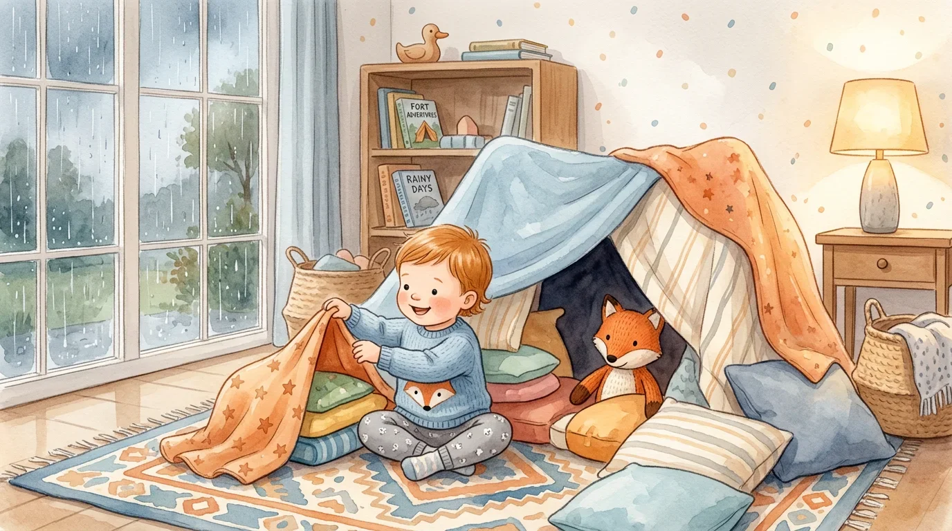 Toddler playing indoors on a rainy day