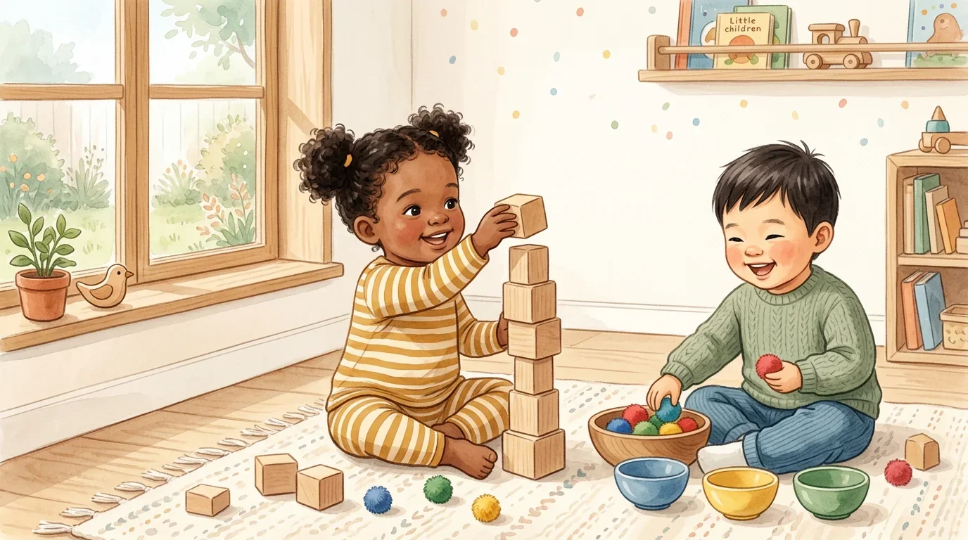 Happy toddler playing with toys instead of screens