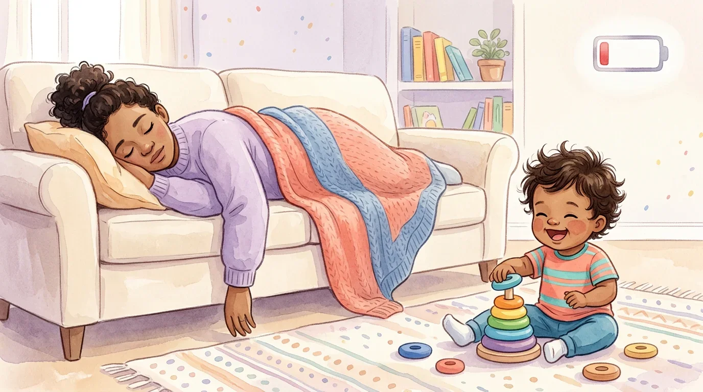 Parent resting on couch while toddler plays nearby