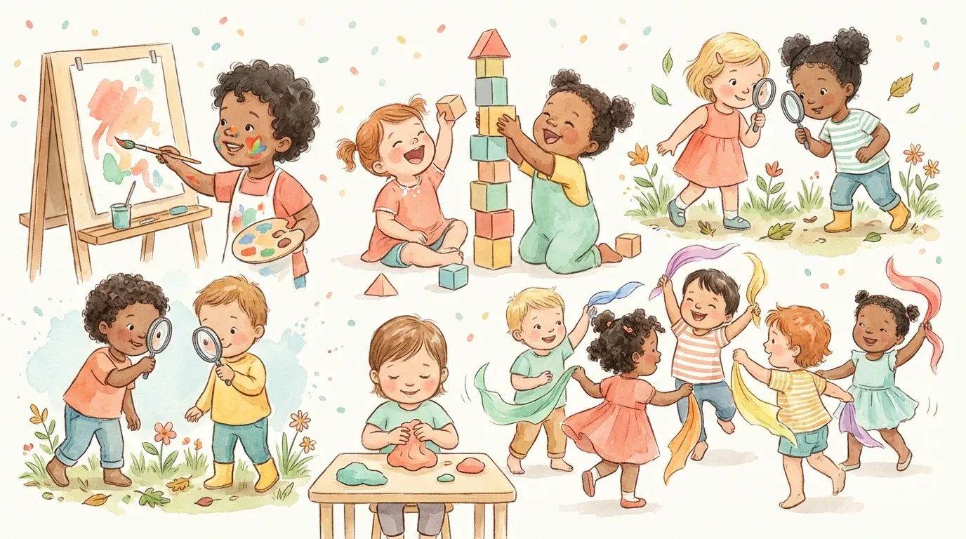Collection of diverse toddler activities from crafts to sensory play