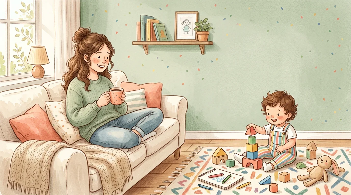 A tired parent relaxing on the couch while a toddler plays happily nearby