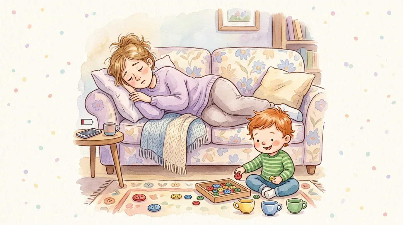 Exhausted parent relaxing on couch while toddler plays independently