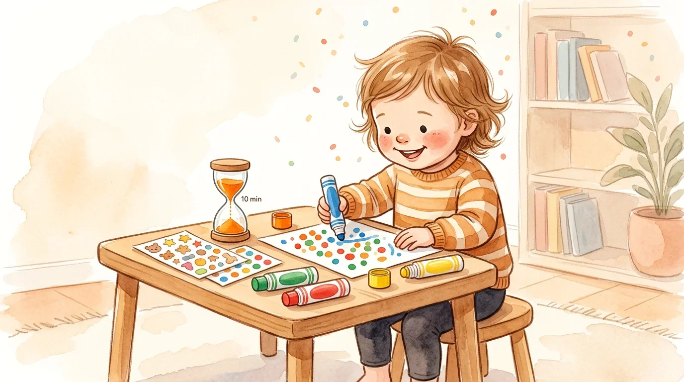 Toddler focused on a dot marker activity with a sand timer