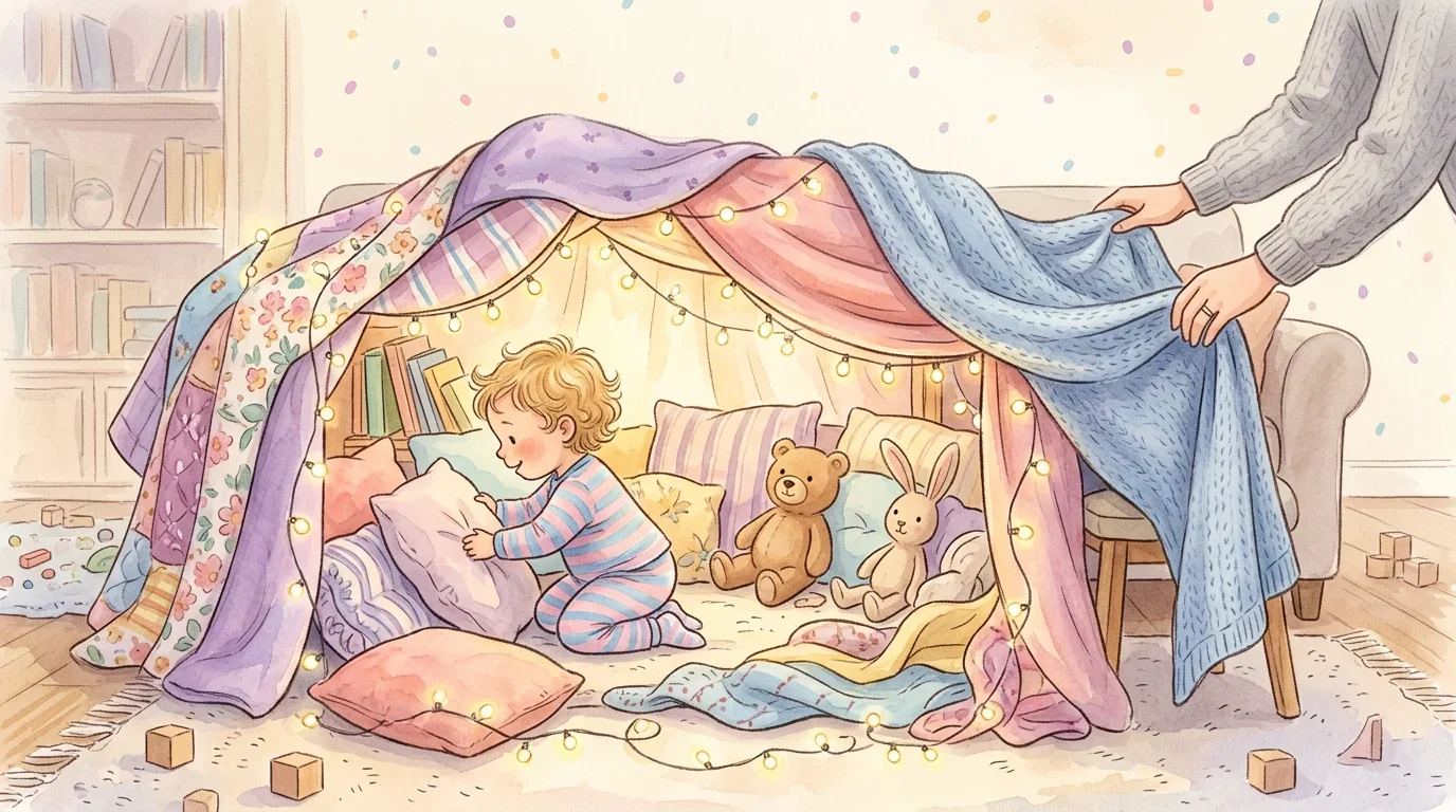 Toddler reading inside a cozy blanket fort with fairy lights