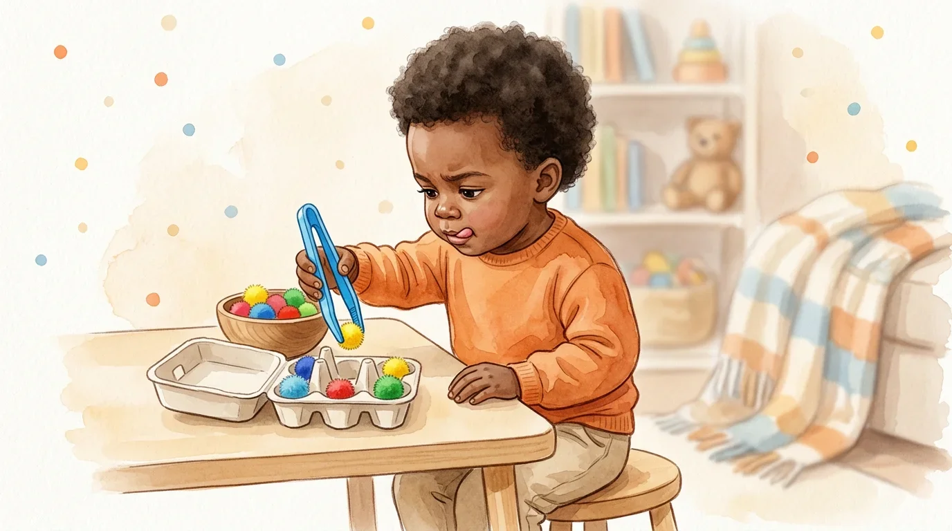 Toddler practicing fine motor skills with threading and sorting games
